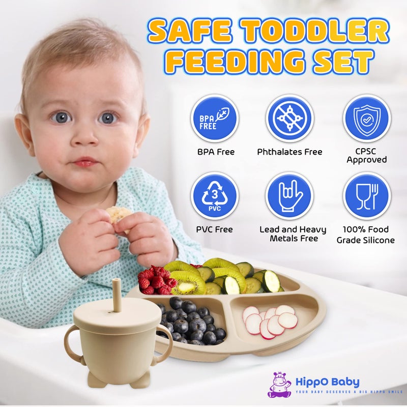 HippoBaby Baby Led Weaning Supplies | 10 Piece Silicone Feeding Set | Baby Toddler Bib Cup Divided Plate and Bowl Self Feeding Spoons Dish Set | Baby Utensils | Toddler Feeding Supplies (Beige) - Image 3